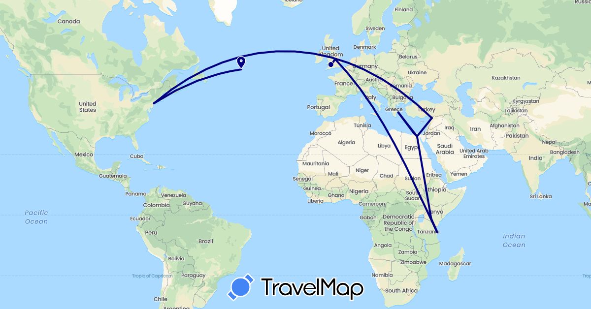 TravelMap itinerary: driving in Egypt, United Kingdom, Greece, Kenya, Syria, Tanzania, United States (Africa, Asia, Europe, North America)
